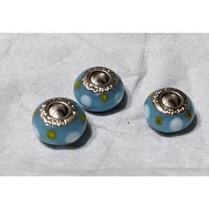 NEW SET OF 3 PANDORA MURANO BEAD - LIGHT BLUE W/ WHITE & GREEN POLKA DOTS - TOO